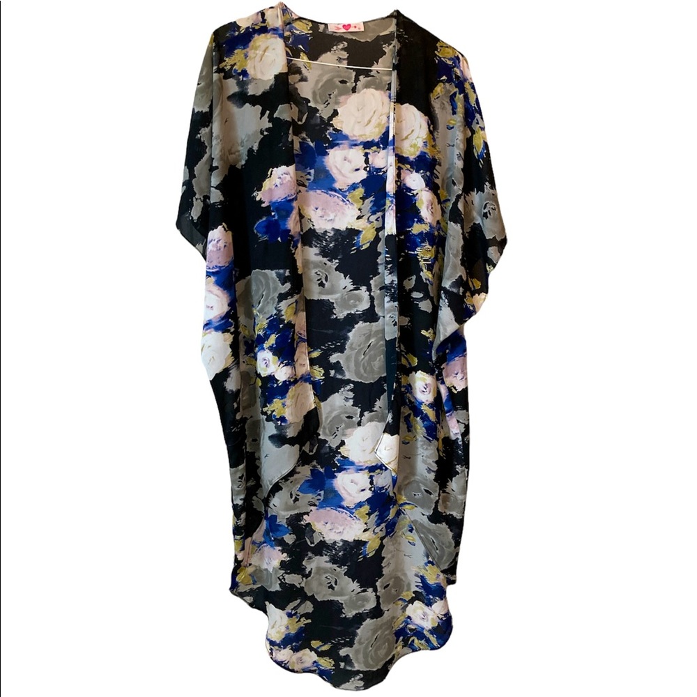 Buddy Love Duster Open Front Kimono Floral Bohemian Cottagecore Blue Black White